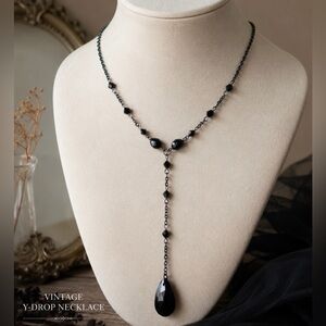 Vintage Black Faceted Y-Drop Necklace Gothic Boho Crystal Statement Necklace